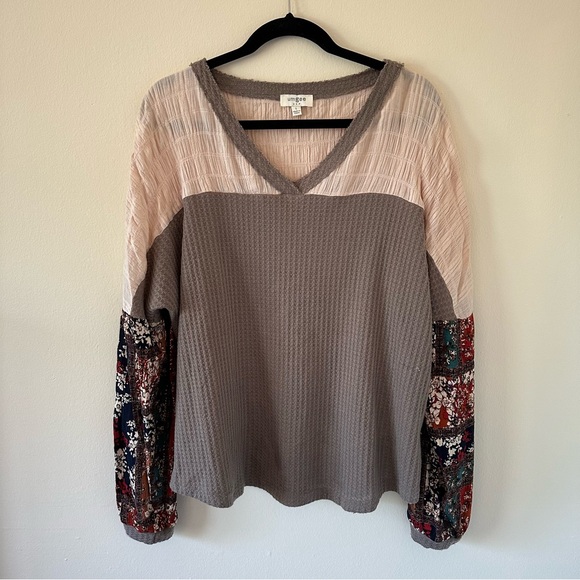 Umgee Boho Long Sleeve V-Neck Waffle Blouse Top Floral Statement Sleeves Casual - Picture 4 of 4